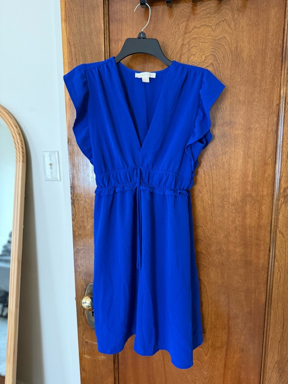 Blue V-Neck Women's Dress with Ruffle Sleeves